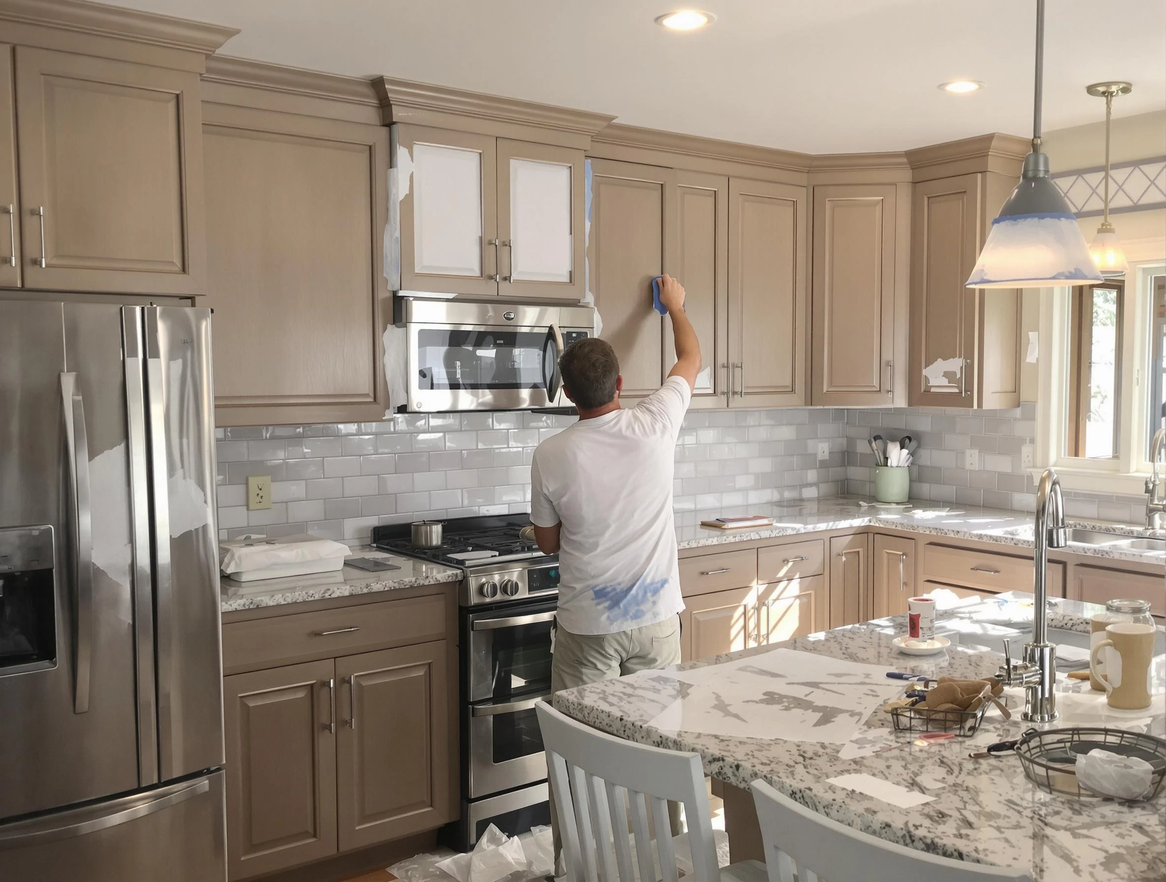 Before-and-after view of kitchen painting by Litchfield Park House Painters in Litchfield Park